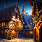 Medieval village at twilight: cobblestone streets, half-timbered houses, glowing windows