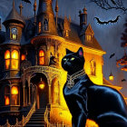 Black Cat with Necklace in Front of Gothic Mansion and Full Moon