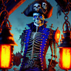 Skeleton pirate in tricorn hat with lanterns under dusky sky