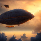 Ornate steampunk airship in golden sunset sky