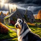 Fluffy black and white dog with stone cottage and stormy sky scenery