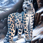 Snow leopard on snowy ledge with mountain backdrop, showcasing winter wildlife.