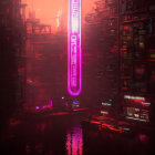 Futuristic neon-lit cityscape with towering buildings and red haze.