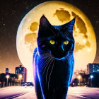 Black Cat with Glowing Edges Under Yellow Moon and Stars