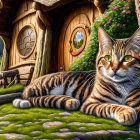 Striped cat relaxing in front of whimsical wooden house with round windows amidst lush greenery and blo