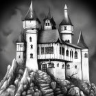 Monochromatic sketch of grand castle with spires on rocky outcrop, bats flying under cloudy sky