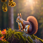 Red squirrel on mossy tree trunk in sunlit forest