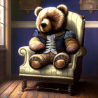 Teddy bear in vest and tie on antique chair