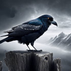 Black raven on wooden stump in misty mountain scene