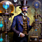 Steampunk man in goggles and top hat with mechanical gears and orbs