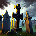 Illustration of gloomy cemetery with ornate gravestones, lightning, rain, and stormy