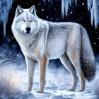 Majestic white wolf in snowy landscape under starry sky