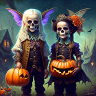 Children in skeletal costumes with jack-o'-lanterns in spooky forest with flying bat