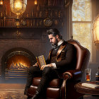 Bearded man reading book in vintage room with fireplace, whisky, and antique clocks