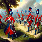 Red-coated soldiers with black shako hats marching in a grassy field