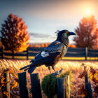 Raven on mossy fence post with autumn foliage and warm sunset