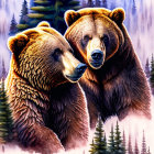 Illustrated bears with thick fur in misty forest scene