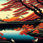 Tranquil red foliage scene with cranes, lake, mountains, and birds in dusky sky