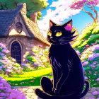 Black cat with flowers in garden setting