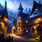 Medieval village with cobblestone paths, thatched roofs, glowing windows, and castle.