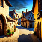 Traditional European village with cobblestone street and hanging lanterns at twilight