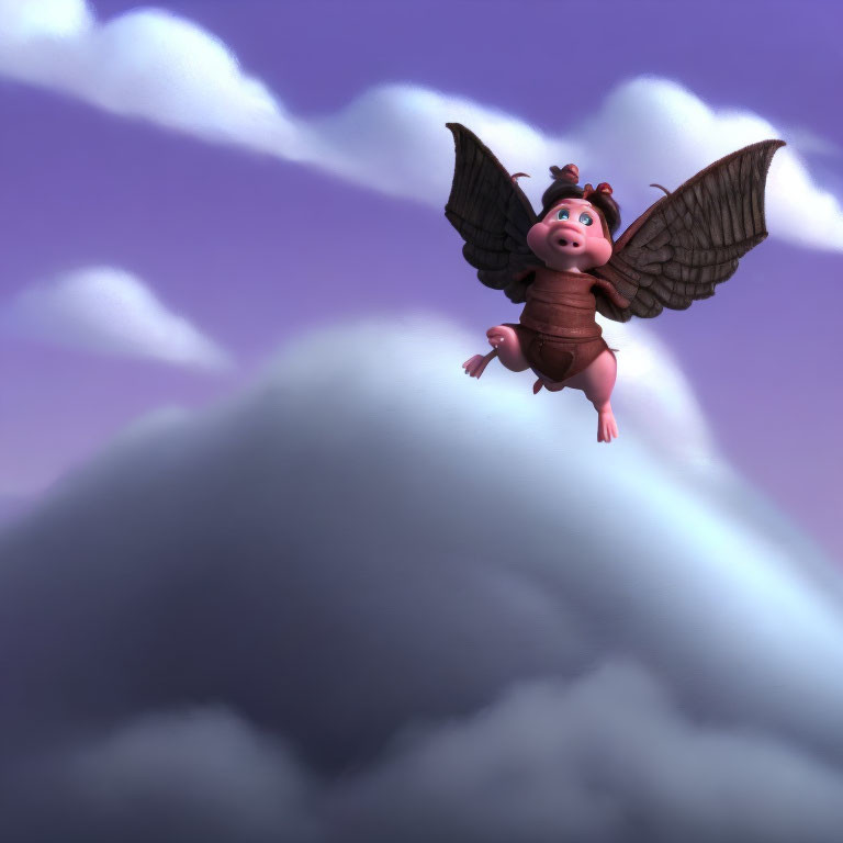 Baby-like cartoon character with bat wings soars in purple sky with fluffy clouds