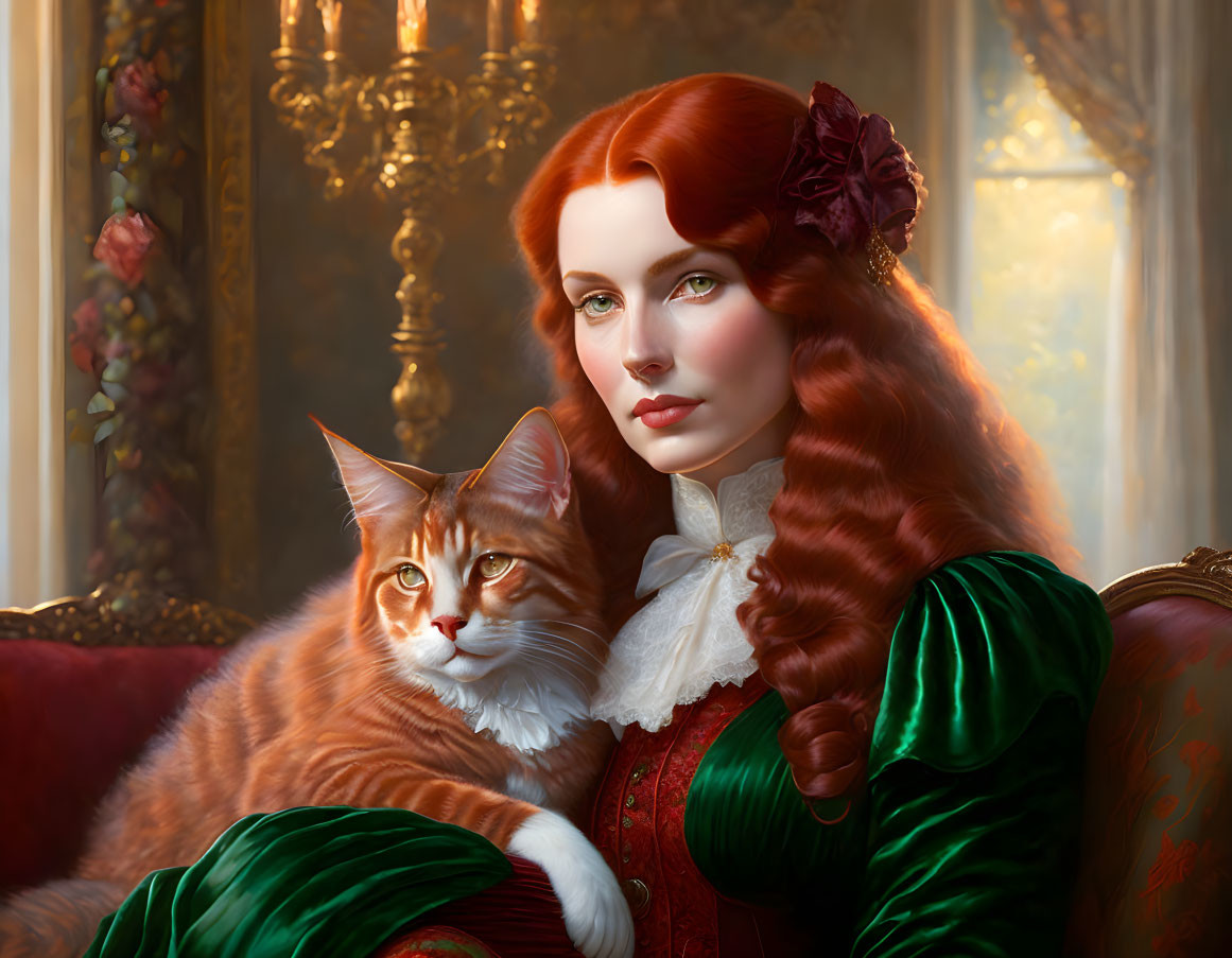 Red-haired woman in green dress with orange cat by window in luxurious setting