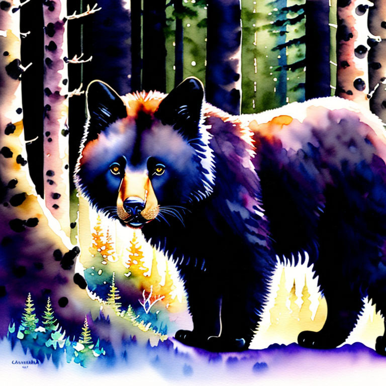 Vibrant Watercolor Painting of Fox in Forest