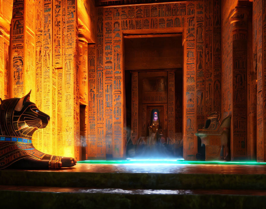 Ancient Egyptian temple interior with hieroglyphs, cat statue, and mysterious figure.