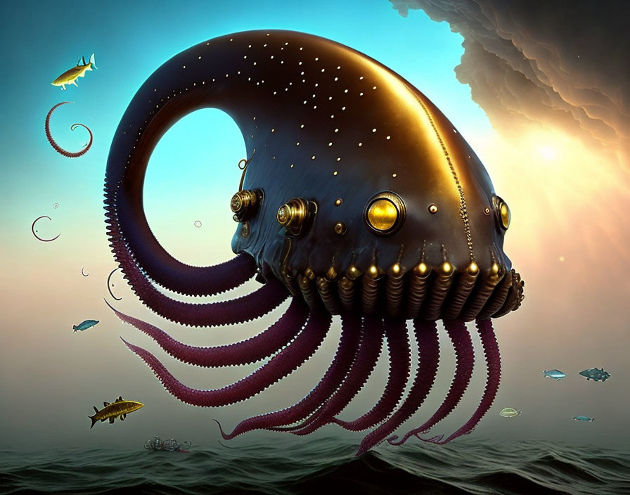 Steampunk-style giant octopus floating above fish in surreal sunset