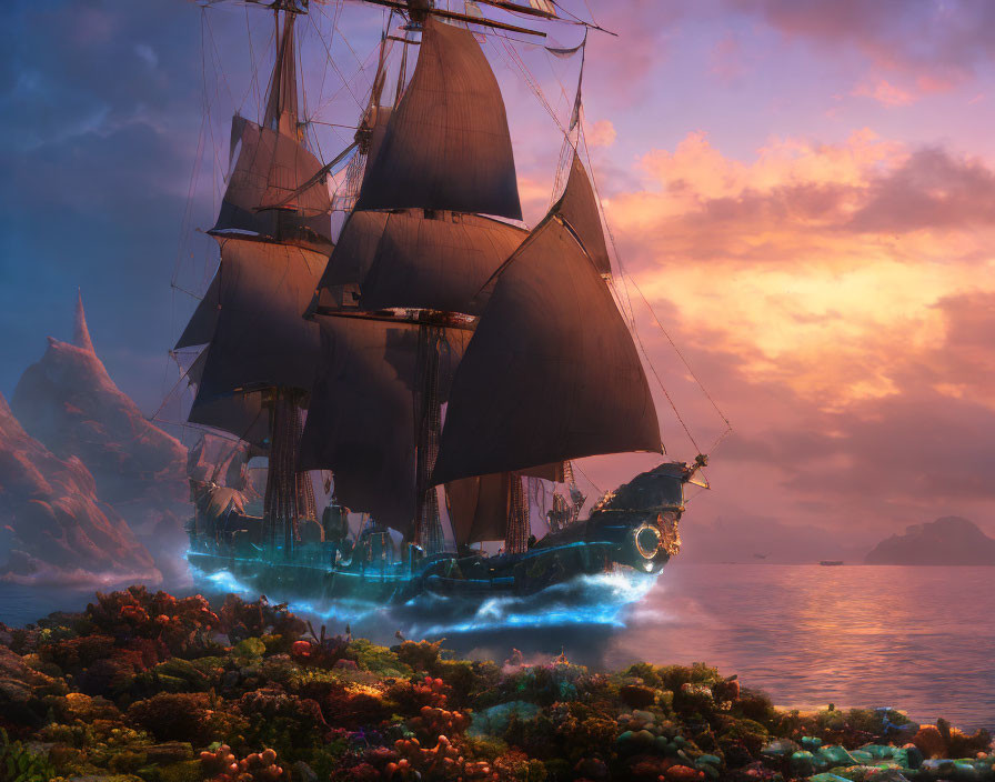 Majestic sailing ship near vibrant coral reef at sunset