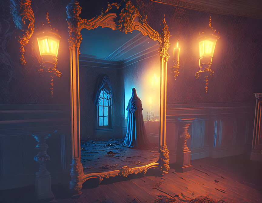 Mysterious cloaked figure in dimly lit ornate room with mirror and scattered petals