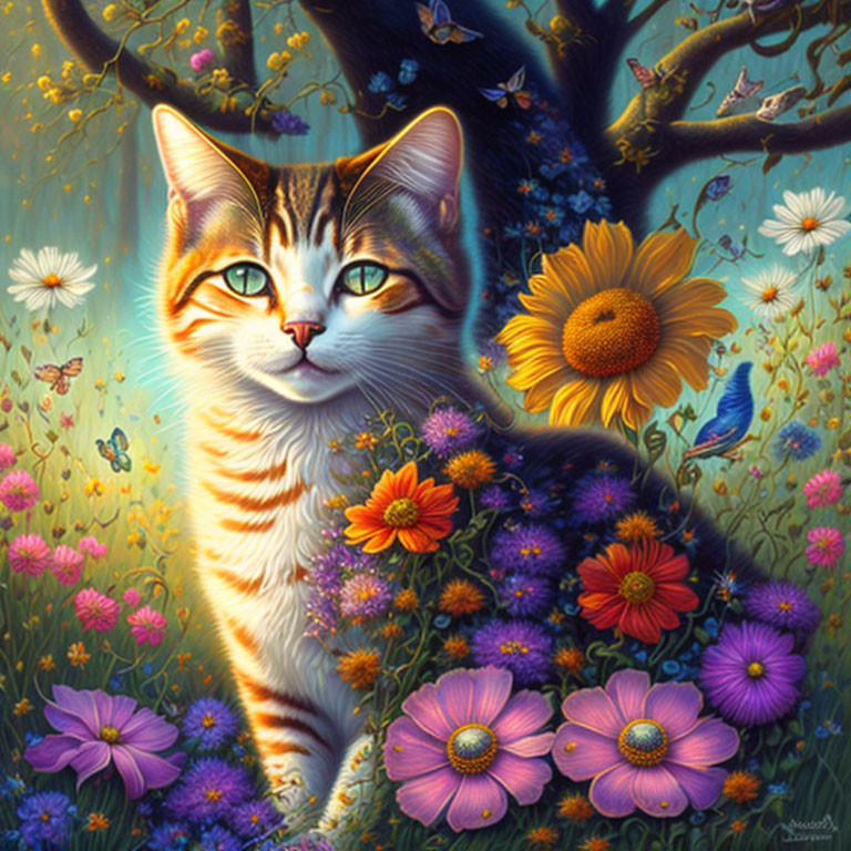 Colorful Cat with Flowers, Butterflies, Sunflowers, Bluebird, and Tree