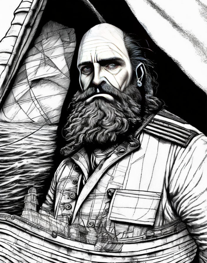 Monochrome portrait of intense bearded sea captain with ship and ocean, nautical theme.