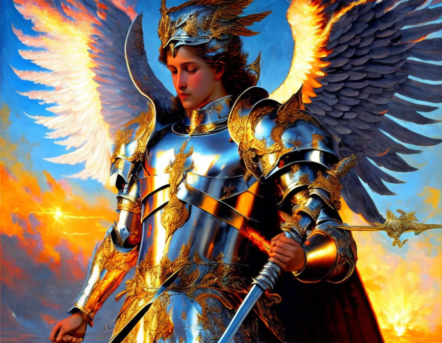 Armored angel with wings, sword, fiery backdrop, and gold details