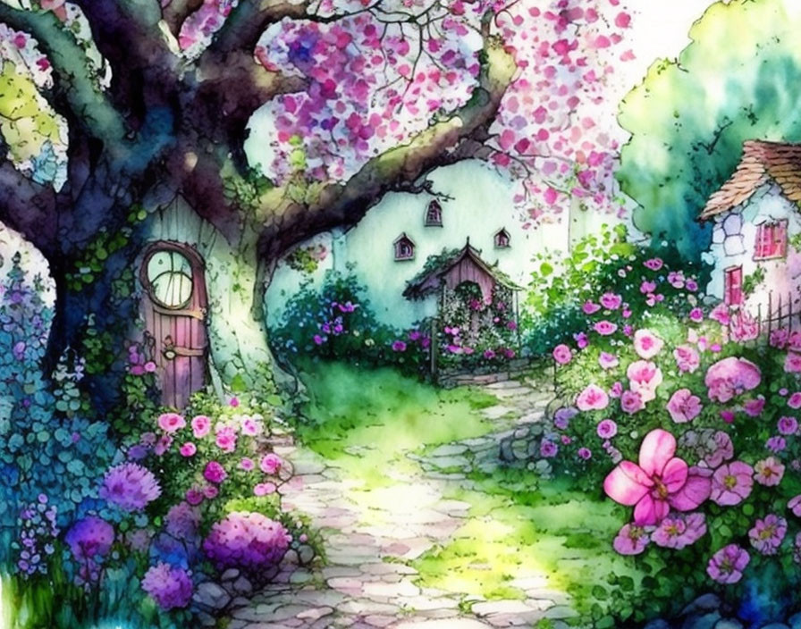 Colorful Watercolor Painting of Whimsical Garden Path and Cottages