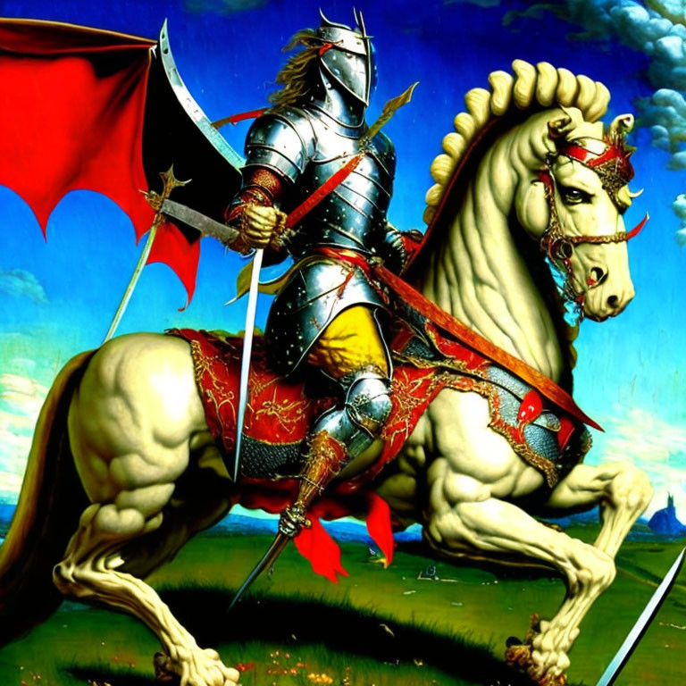 Medieval knight on horseback with red accents under dramatic sky