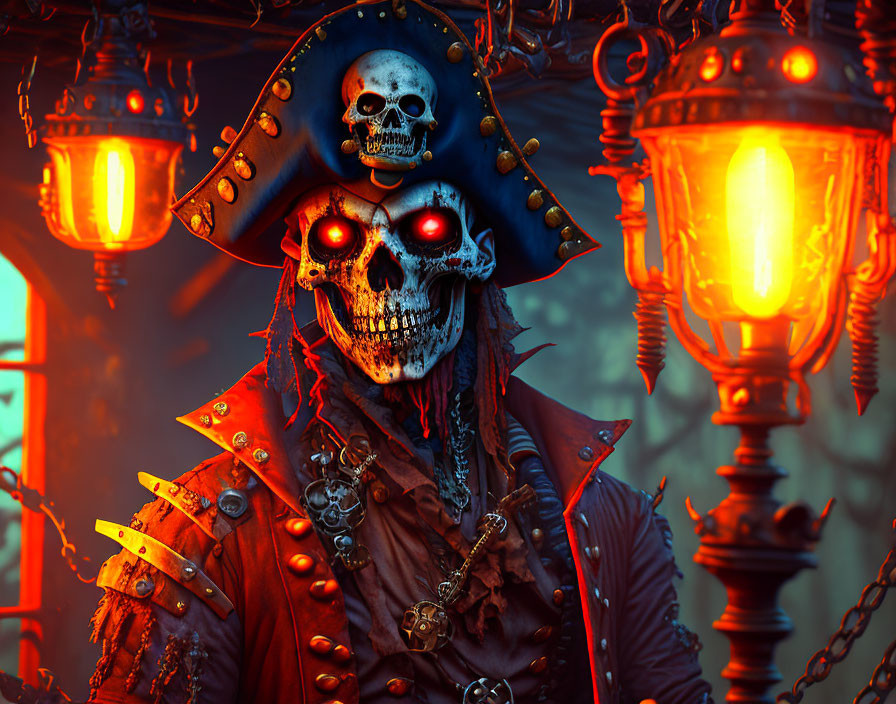 Menacing pirate skeleton with glowing red eyes in eerie backdrop