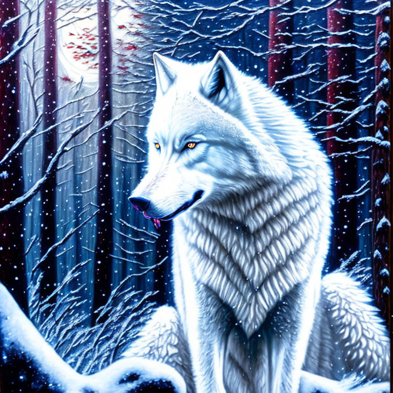 White Wolf in Snowy Forest with Blue Eyes and Crimson Trees