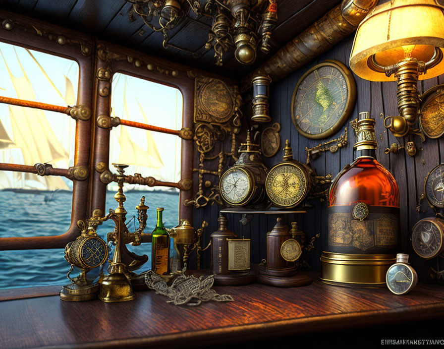 Nautical-themed vintage collection in ship cabin setting