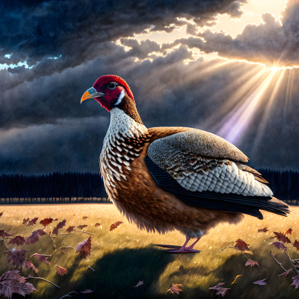 Pheasant in field under dramatic sunlight and dark clouds