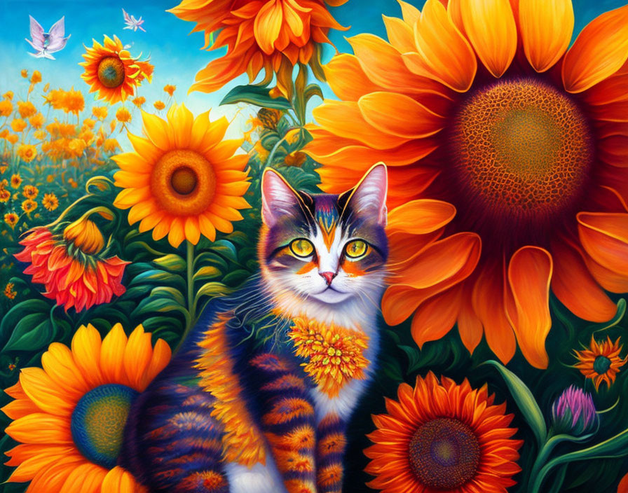 Vibrant cat painting surrounded by sunflowers and blue sky