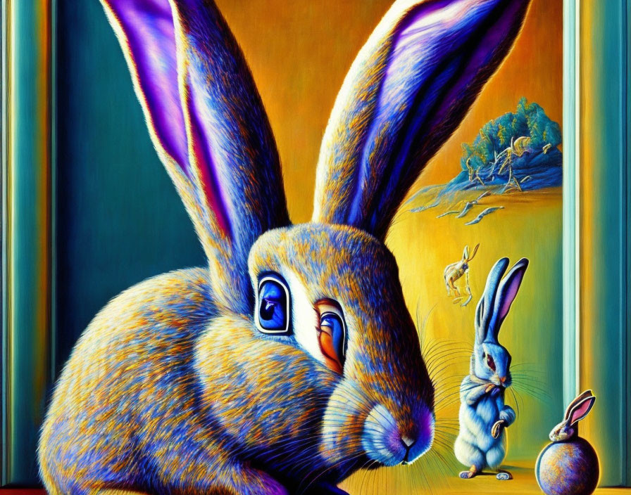 Colorful large blue rabbit artwork in surreal indoor scene with smaller rabbits and sphere.