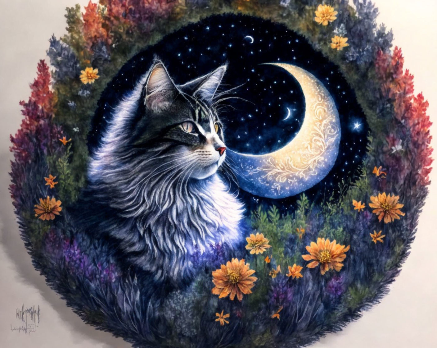 Fluffy cat with cosmic features and crescent moon in colorful setting