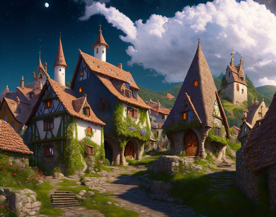 Medieval village with cobblestone paths, half-timbered houses, and castle towers in