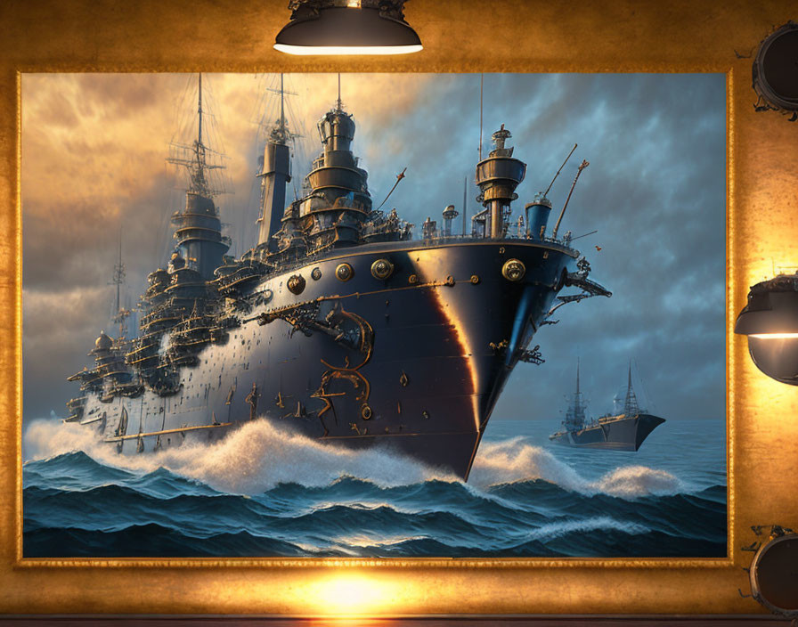 Historic battleship painting with ships at sea through submarine porthole