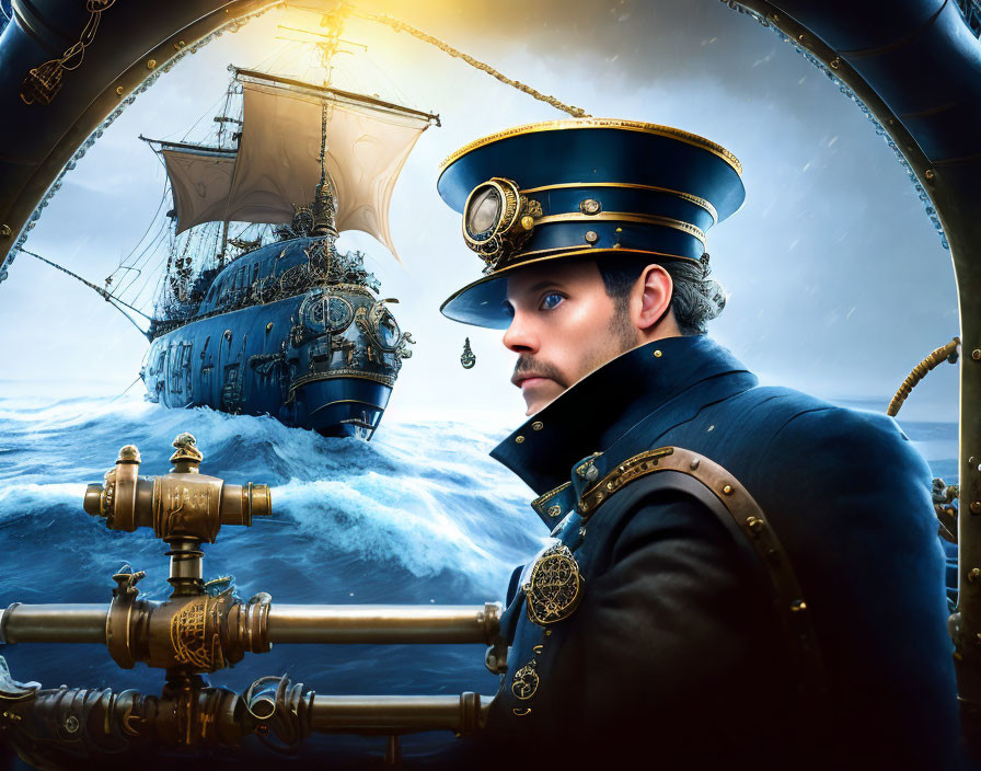 Man in ornate naval uniform gazes aside; classic ship braves stormy seas.