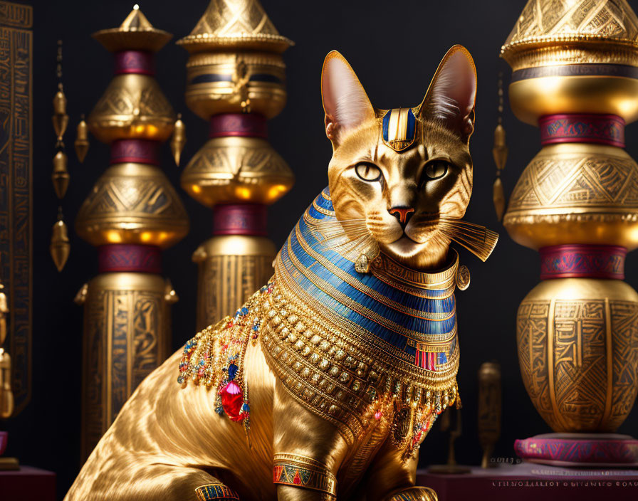 Golden Cat with Egyptian Collar and Artifacts Displayed