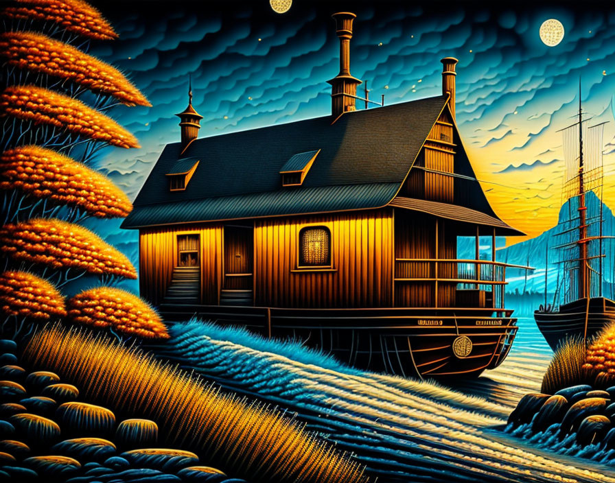 Illustrated Nocturnal Seascape with Glowing House, Boat, Golden Wheat, and Two Mo