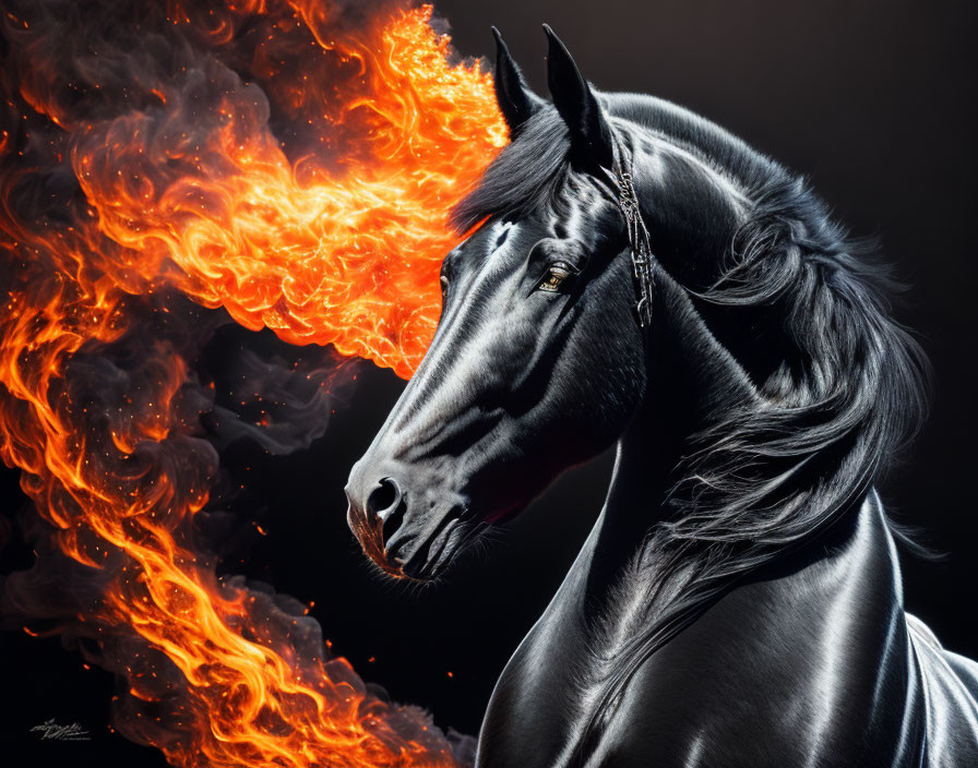 Black horse with glossy coat beside vibrant flames on dark background